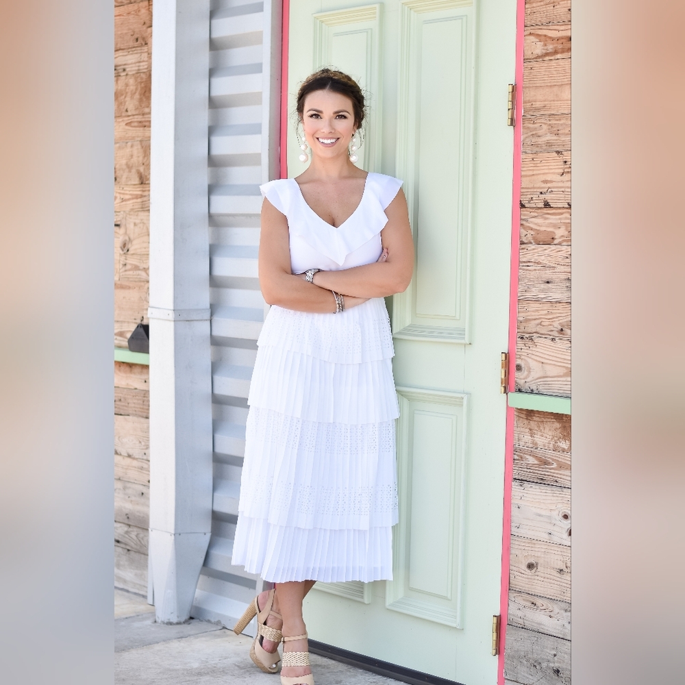 Banana Republic Tiered Laser Cut White Midi Dress